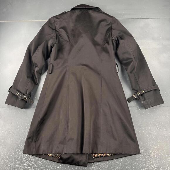 Betsy Johnson Trench Coat Womens Black Shiny Whimsigoth Pea Club Cheetah Lined - Picture 9 of 10